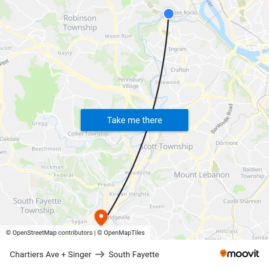 Chartiers Ave + Singer to South Fayette map