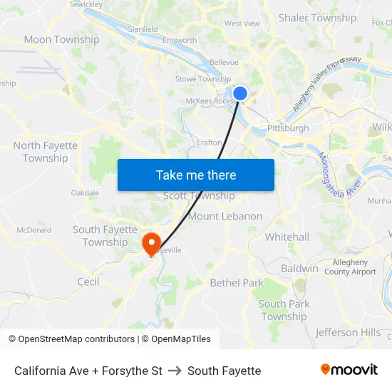 California Ave + Forsythe St to South Fayette map