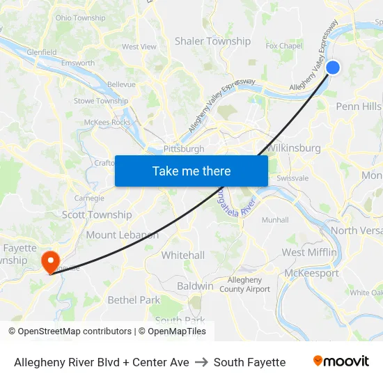 Allegheny River Blvd + Center Ave to South Fayette map