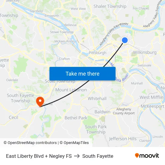 East Liberty Blvd + Negley FS to South Fayette map
