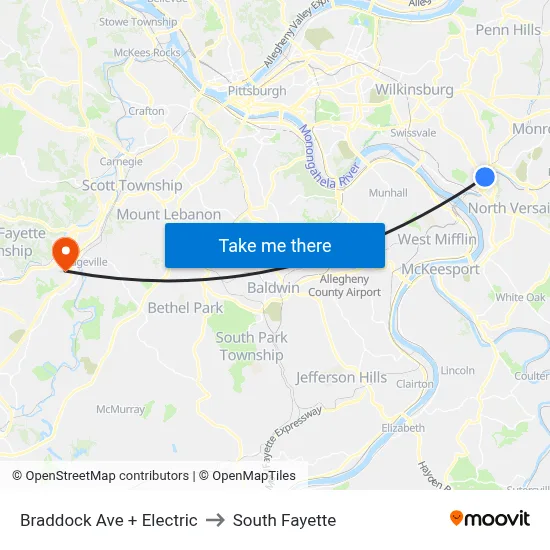 Braddock Ave + Electric to South Fayette map