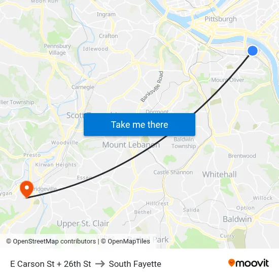 E Carson St + 26th St to South Fayette map