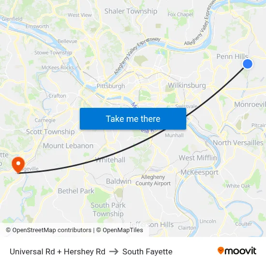 Universal Rd + Hershey Rd to South Fayette map