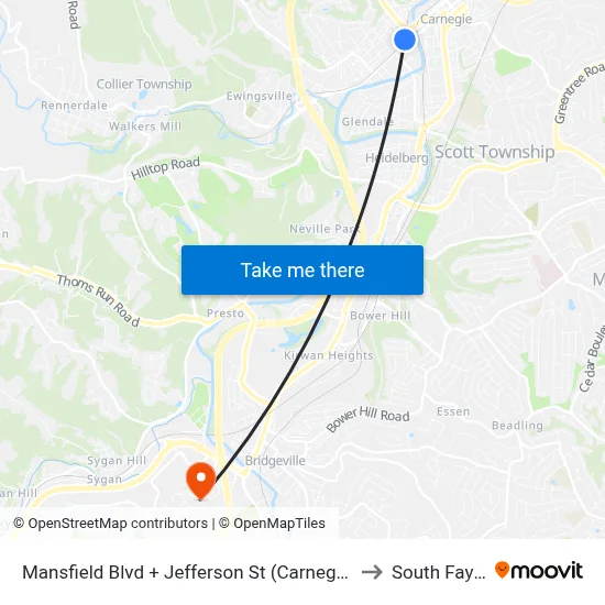 Mansfield Blvd + Jefferson St (Carnegie Station) to South Fayette map