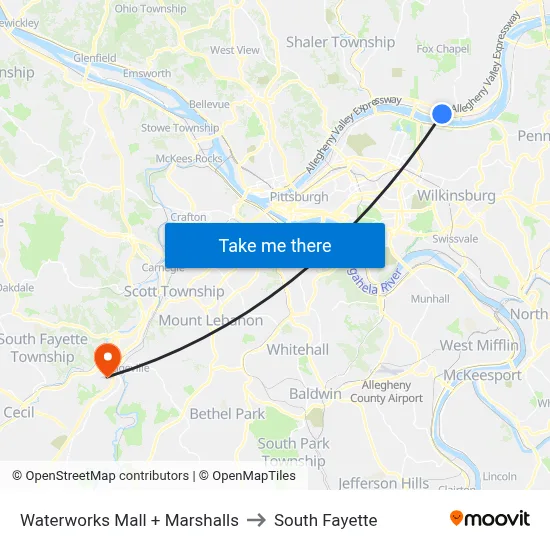 Waterworks Mall + Marshalls to South Fayette map