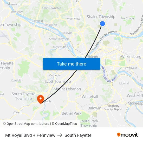 Mt Royal Blvd + Pennview to South Fayette map