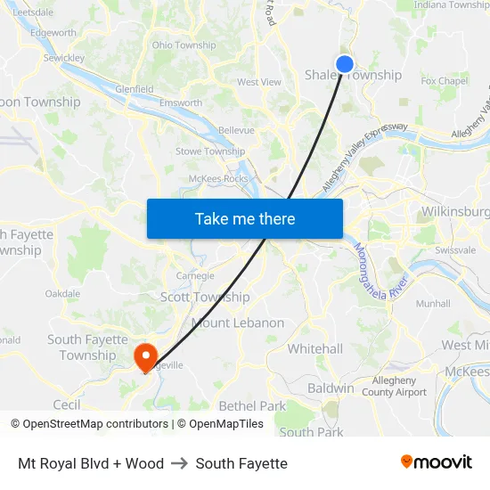 Mt Royal Blvd + Wood to South Fayette map