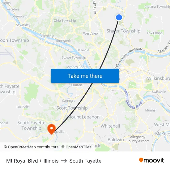 Mt Royal Blvd + Illinois to South Fayette map