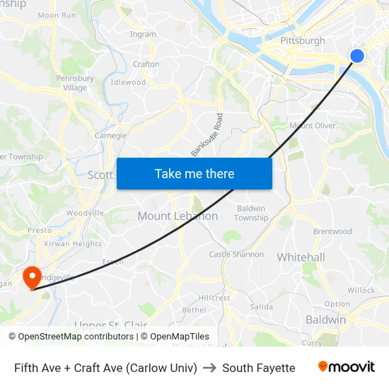 Fifth Ave + Craft Ave (Carlow Univ) to South Fayette map