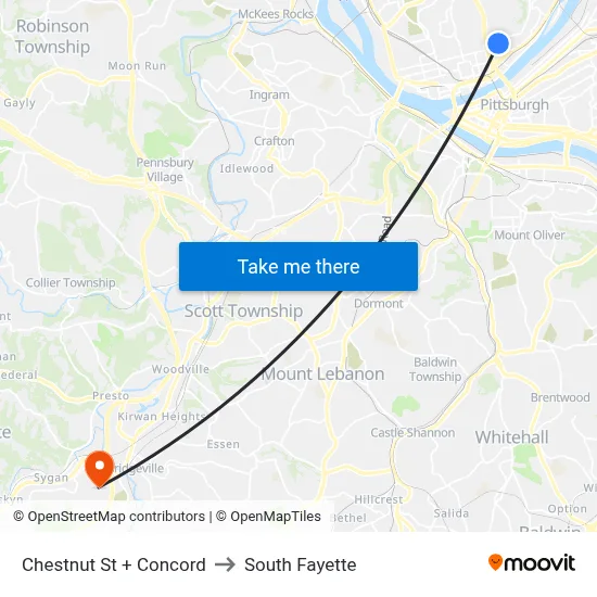 Chestnut St + Concord to South Fayette map