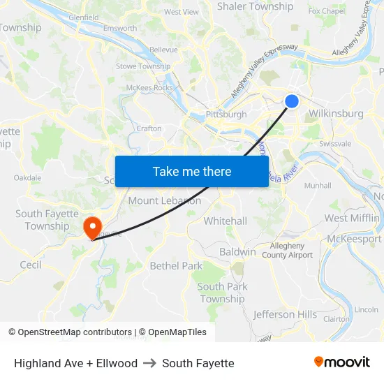 Highland Ave + Ellwood to South Fayette map