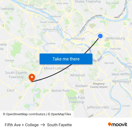 Fifth Ave + College to South Fayette map