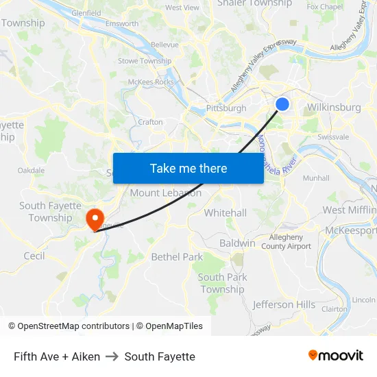 Fifth Ave + Aiken to South Fayette map