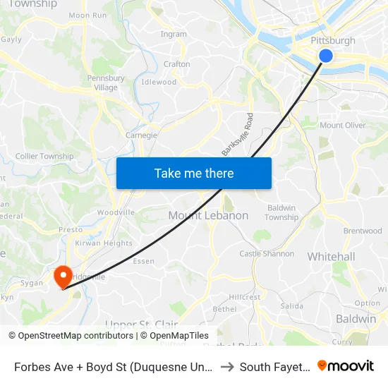 Forbes Ave + Boyd St (Duquesne Univ) to South Fayette map