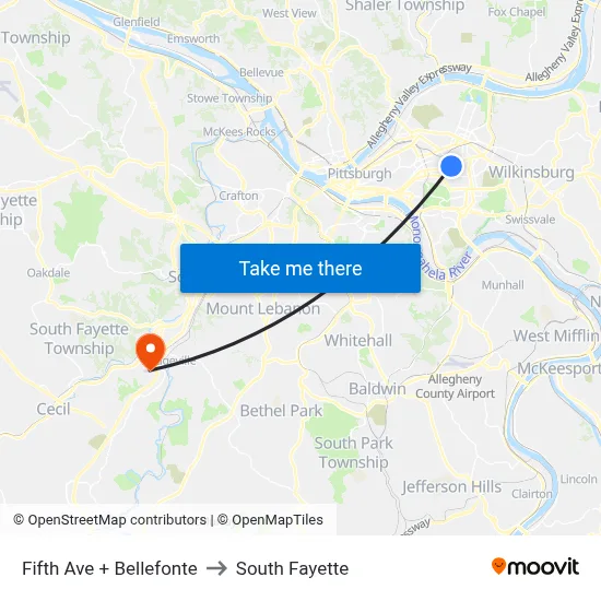 Fifth Ave + Bellefonte to South Fayette map