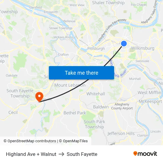 Highland Ave + Walnut to South Fayette map