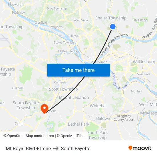 Mt Royal Blvd + Irene to South Fayette map