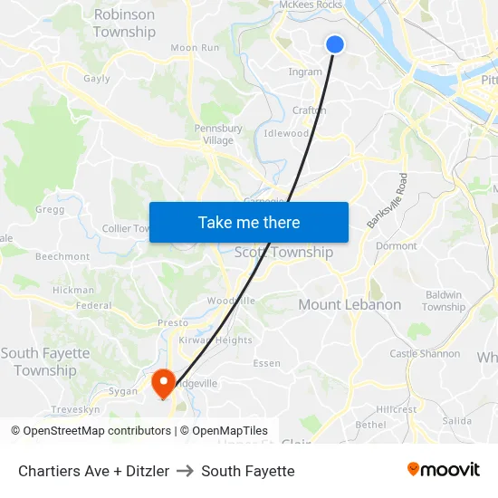 Chartiers Ave + Ditzler to South Fayette map
