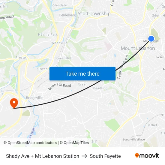 Shady Ave + Mt Lebanon Station to South Fayette map