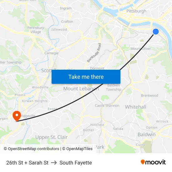 26th St + Sarah St to South Fayette map