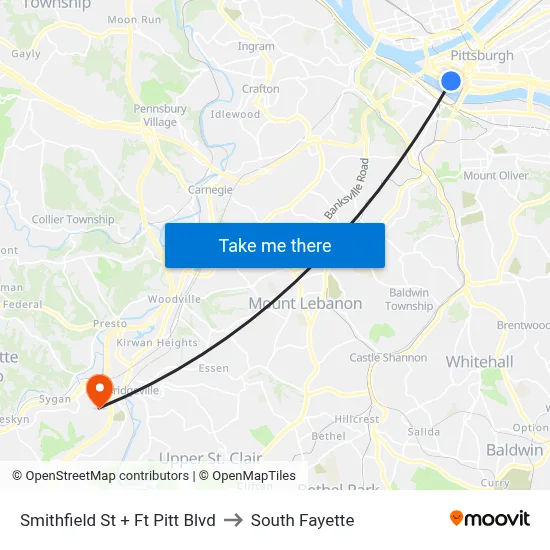 Smithfield St + Ft Pitt Blvd to South Fayette map