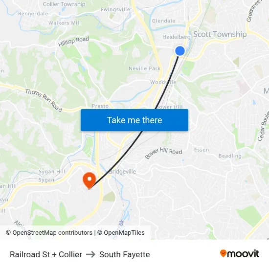 Railroad St + Collier to South Fayette map