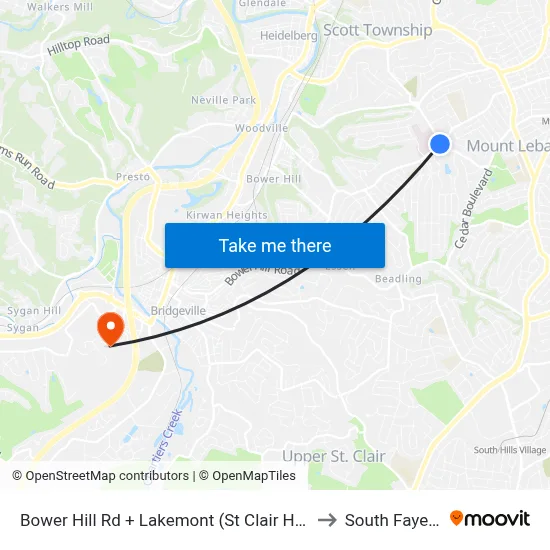 Bower Hill Rd + Lakemont (St Clair Hosp) to South Fayette map