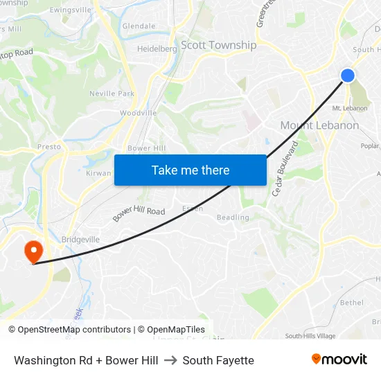 Washington Rd + Bower Hill to South Fayette map