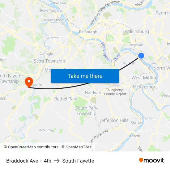 Braddock Ave + 4th to South Fayette map