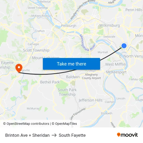 Brinton Ave + Sheridan to South Fayette map