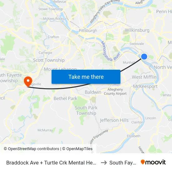Braddock Ave + Turtle Crk Mental Health Ctr to South Fayette map