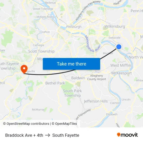 Braddock Ave + 4th to South Fayette map