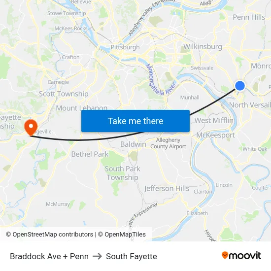 Braddock Ave + Penn to South Fayette map