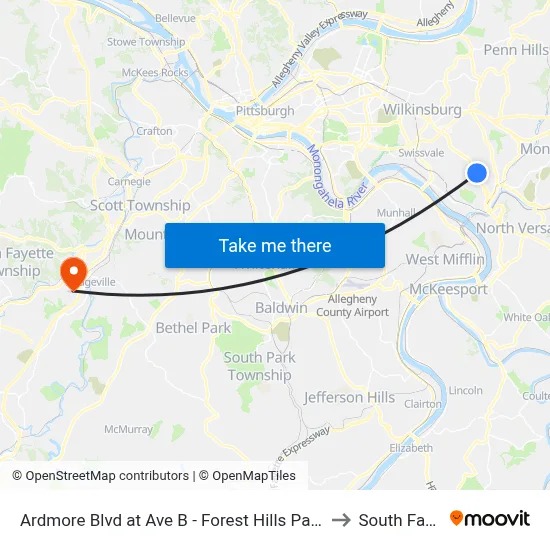 Ardmore Blvd at Ave B - Forest Hills Park And Ride to South Fayette map