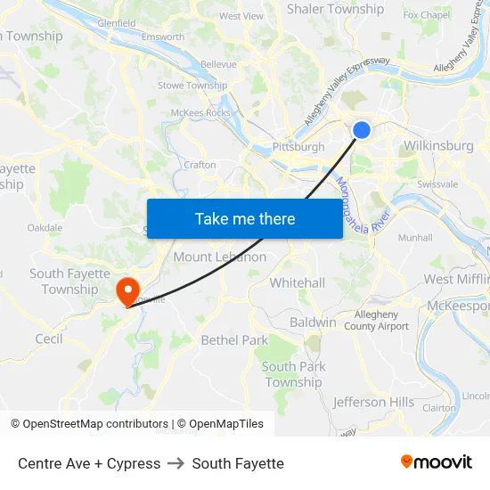Centre Ave + Cypress to South Fayette map