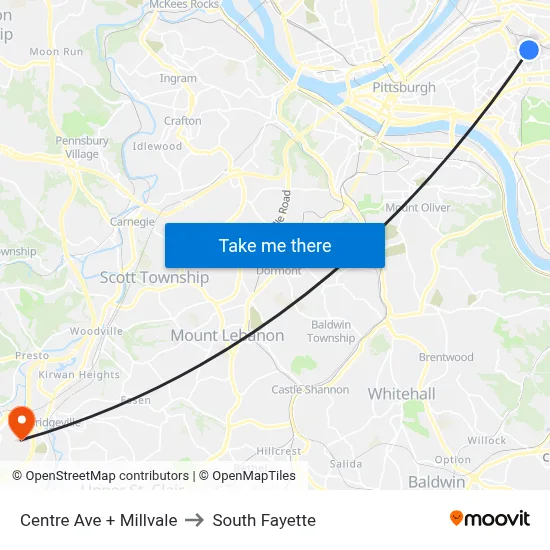 Centre Ave + Millvale to South Fayette map