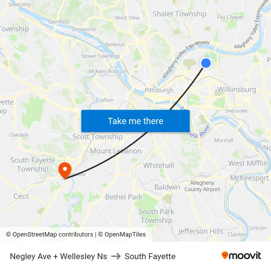 Negley Ave + Wellesley Ns to South Fayette map