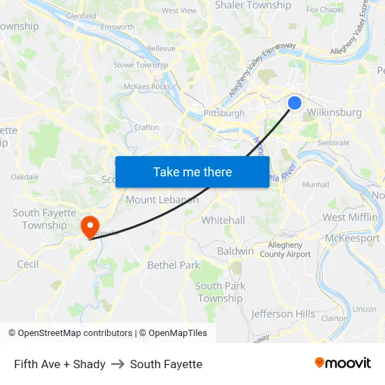 Fifth Ave + Shady to South Fayette map