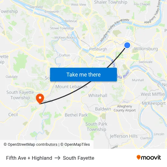 Fifth Ave + Highland to South Fayette map