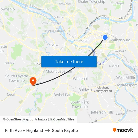 Fifth Ave + Highland to South Fayette map