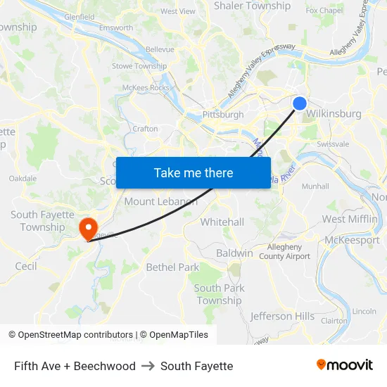 Fifth Ave + Beechwood to South Fayette map