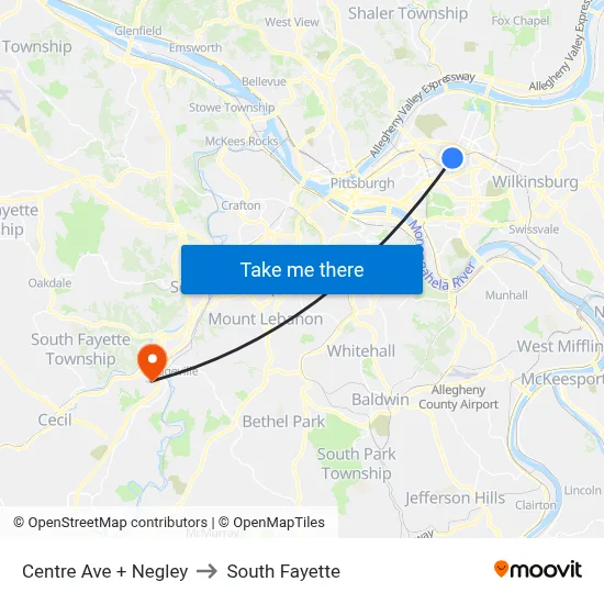 Centre Ave + Negley to South Fayette map