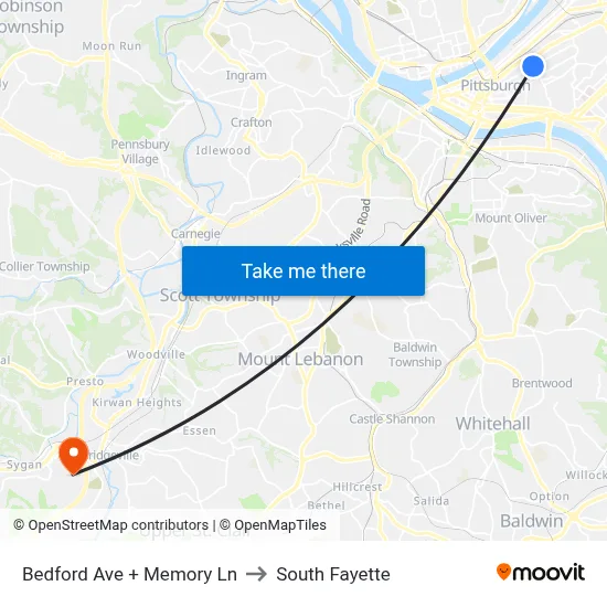 Bedford Ave + Memory Ln to South Fayette map