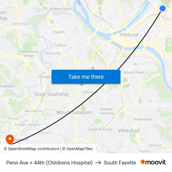 Penn Ave + 44th (Childrens Hospital) to South Fayette map