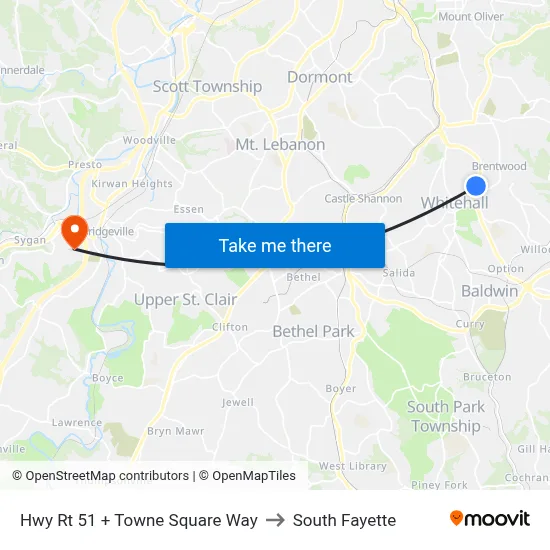 Hwy Rt 51 + Towne Square Way to South Fayette map