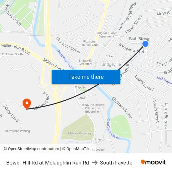 Bower Hill Rd at Mclaughlin Run Rd to South Fayette map