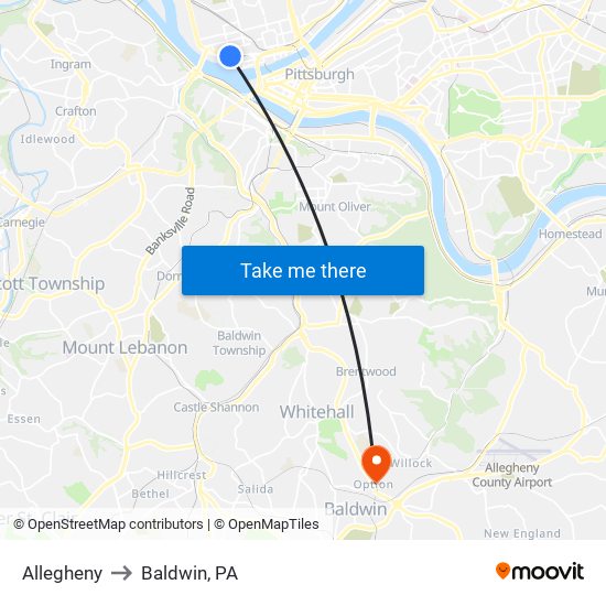 Allegheny to Baldwin, PA map