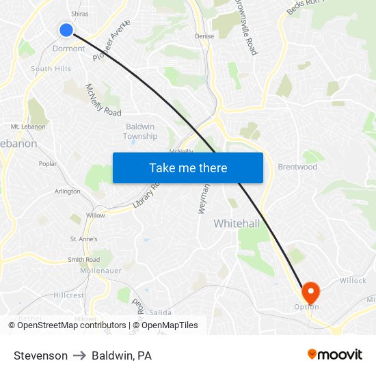 Stevenson to Baldwin, PA map