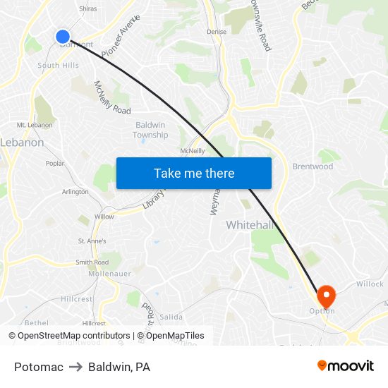 Potomac to Baldwin, PA map