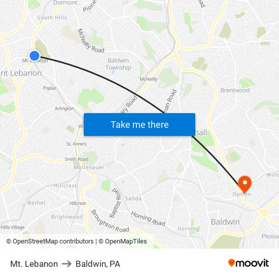 Mt. Lebanon to Baldwin, PA map